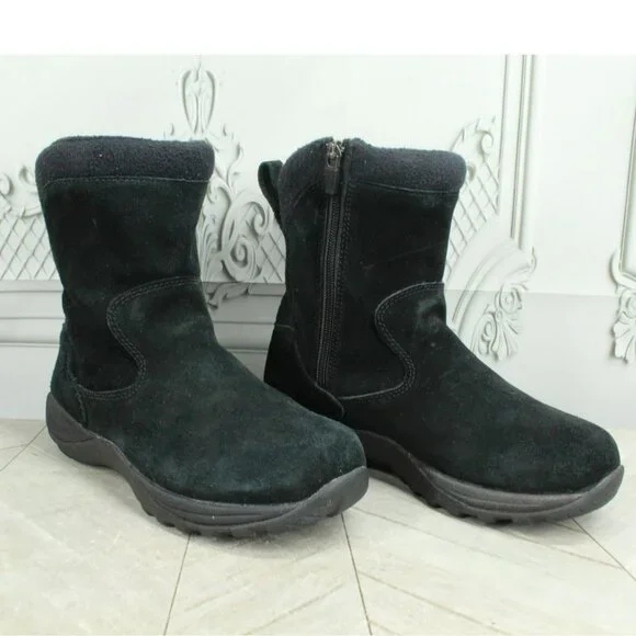 LL Bean Black Suede Pull On Side Zip Insulated Mid Calf Winter Boots Size 7 M - Picture 2 of 9